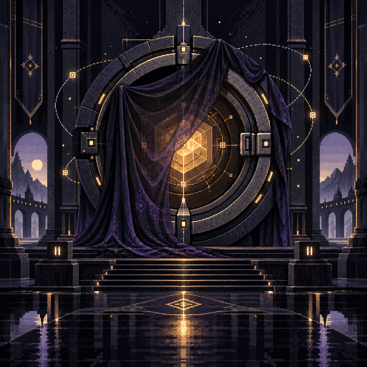 Pixel-art vault aperture covered by a violet veil with an amber cryptographic core